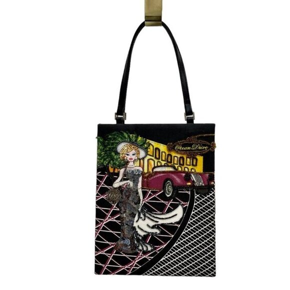 Prezzo Ocean Drive Black Tote Handbag or Shoulder Purse Sequined and Beaded Bag - Picture 2 of 14